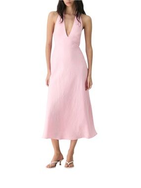 Aritzia 10 Nightscape Linen Halter Midi Dress Sleeveless V-Neck Pink Size Small